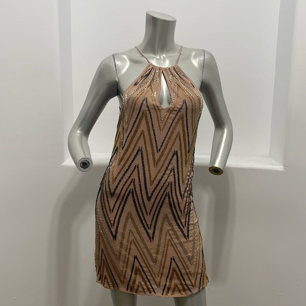Sheri Bodell Halter Beaded Nude Mini Dress XS